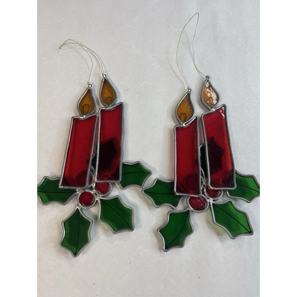 2 Stained Glass Holiday Candle Suncatchers Red Tapers Green Holly Berries Decor